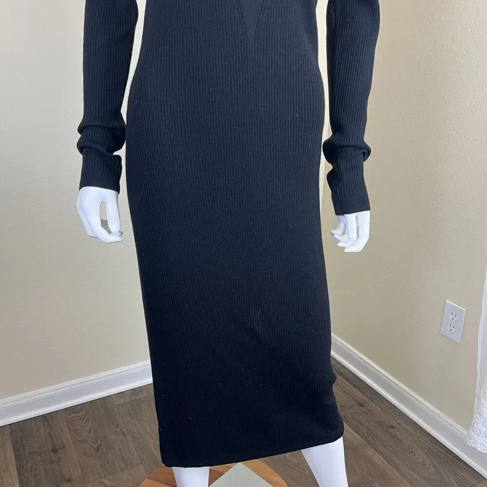 DVF Women Size L Black Wool Jersey Knit Midi Sweater Dress Capsule Minimalist